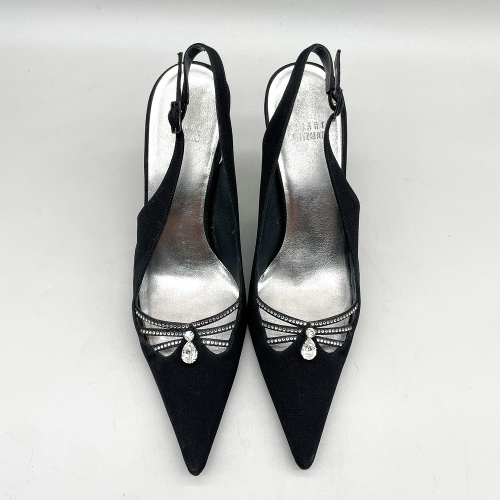 Stuart Weitzman Womens 8.5M Crystal Slingback Pointed Toe Pumps Black Satin Y2K